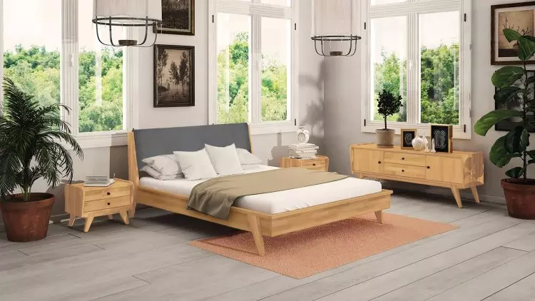 Lasala massief houten bed, beuken, gestoffeerd hoofdbord in donkergrijs